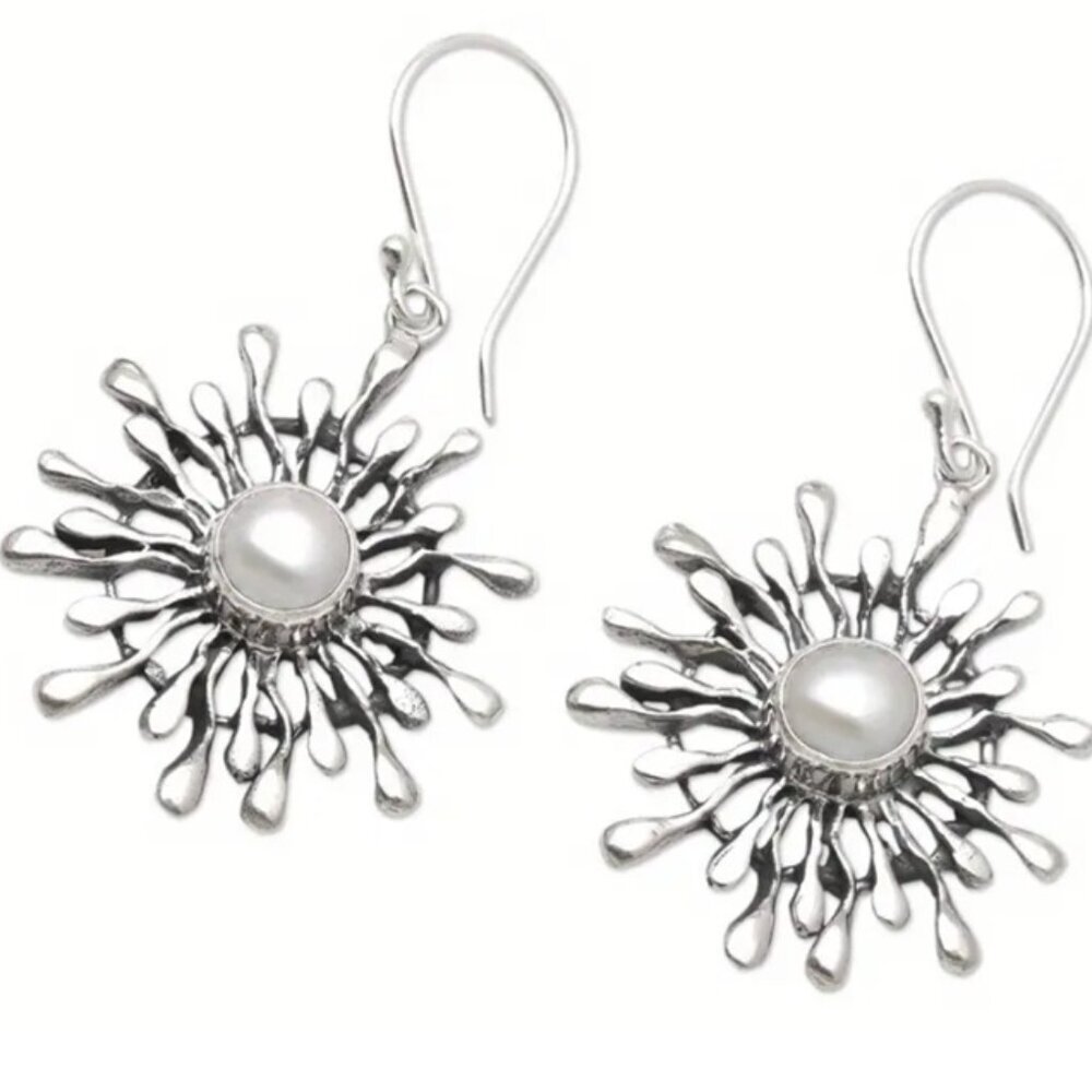Vintage Bohemian Starburst Flower Imitation Pearl Pendant Earrings